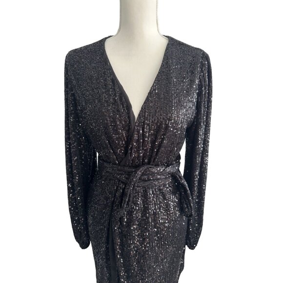 AUDREY 3 PLUS 1 Black Sequin Robe Wrap Dress Size Medium - Picture 4 of 10